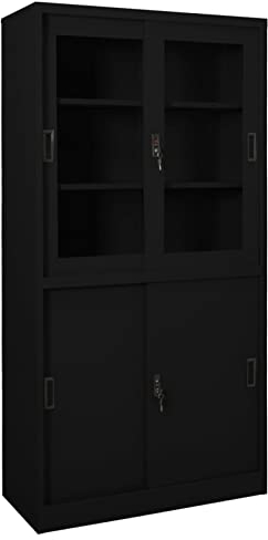 CIADAZ Büroschrank mit Schiebetür, Aktenschrank, Werkzeugschrank, Metallschrank, Stahlschrank, Kellerschrank, Universalschrank, Lagerschrank, Garagenschrank, Schwarz 90x40x180 cm Stahl
