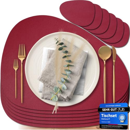 Mahewa® 6er Set Premium Tischset aus Kunstleder - Platzset abwaschbar und wasserdicht - Platzdeckchen Telleruntersetzer in Lederoptik (Bordeaux, Oval)