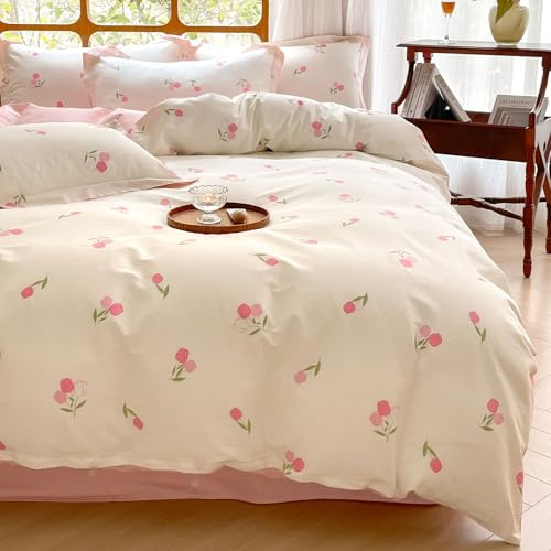 KEAYOO Blumen Bettwäsche 155x220 mit Reißverschluss - 80x80 Kissenbezug - Baumwolle Bettwäsche für Sommer bis Winter Rosa Blumen (155x220cm, Geblümt E)
