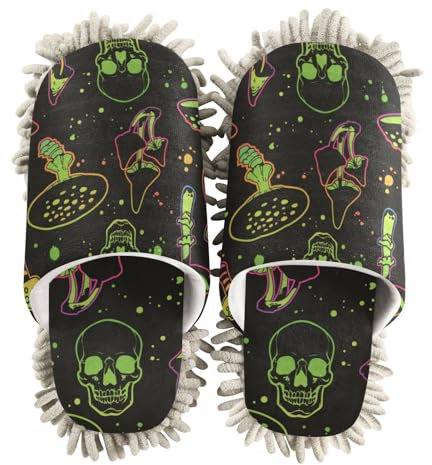 ZRWLUCKY Hexe Pilz Schädel Halloween Mopp Slipper Schuh Boden Reinigung Küche Staub Wischen Waschbar Haus Slipper, Hexe Pilz Schädel Halloween, Large