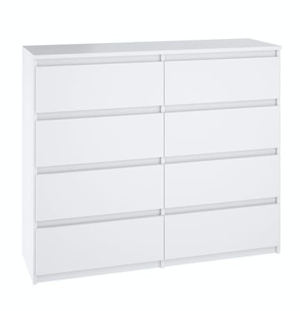 SoDREAMER Kommode 8 Schubladen Weiß 120x97x40 cm | Schrank für Kleidung, Dokumente, kleine Gegenstände | Ideal für Schlafzimmer, Wohnzimmer, Kinderzimmer und Büro