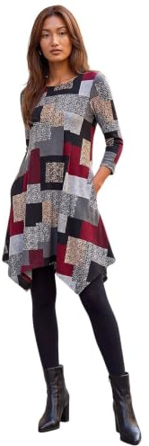 Roman Hanky Hem Swing Dress with Pockets for Women UK Ladies Asymmetric Hemline Stretch Jersey 3/4 Sleeve Winter Smart Casual Work Office Knee Length Tunics