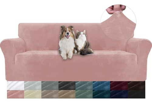 YSTELLAA Samt Sofa Überzug 3 Sitzer, Stretch Sofahusse Universal, Sofaschoner rutschfest, Sofa Covers Mit Armlehne, Couch Bezug Schutz Katze, Waschbare Couchschoner, Rosa
