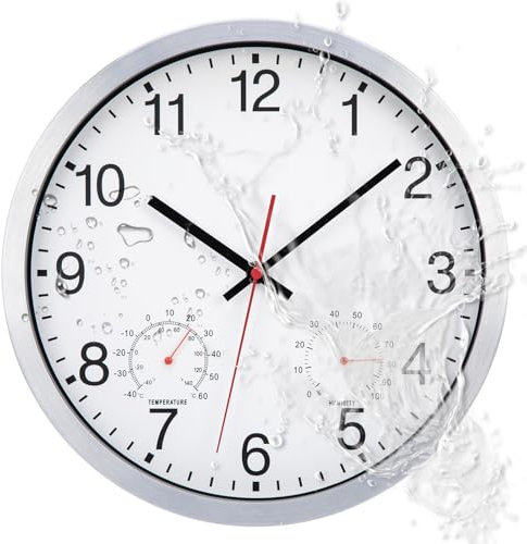 ACCSHINE Orologio da parete per esterni - con termometro e igrometro Orologio da parete senza ticchettio Silenzioso 30cm Quarzo a batteria Grande orologio da parete Deco da giardino (Bianco)