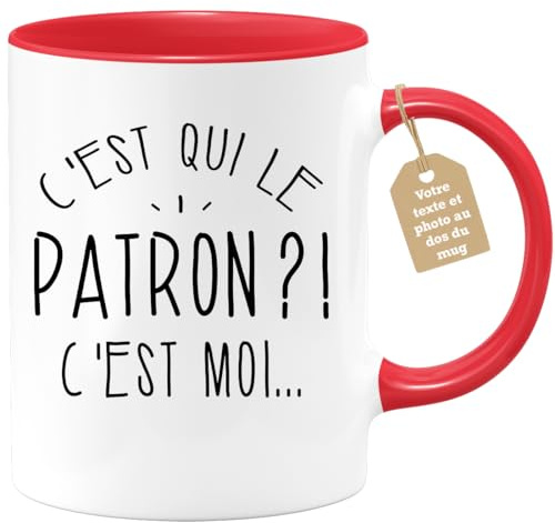 quotedazur Café-Croissant - Mug Personnalisable Texte Photo Humour C'Est Qui Le Patron - Cadeau Noël Original Drôle Chef Tasse Homme - Rouge/Céramique
