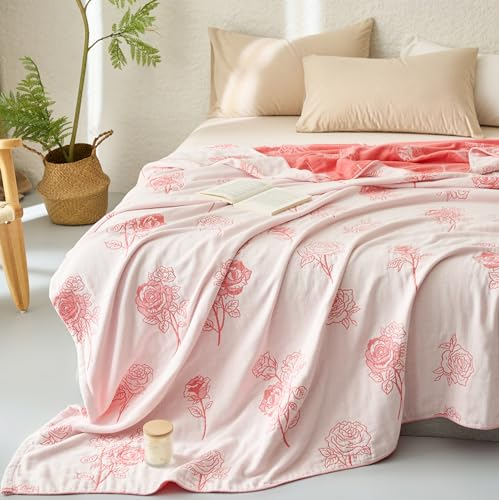 Scientific Sleep Musselin-Decke, Überwurf, Überwurf für Bett, Couch, Sofa, gemütlich, weich, wendbar, Bettdecke, Tagesdecke, Queen-Size-Bett, 203,2 x 228,6 cm, Rosa / Weiß