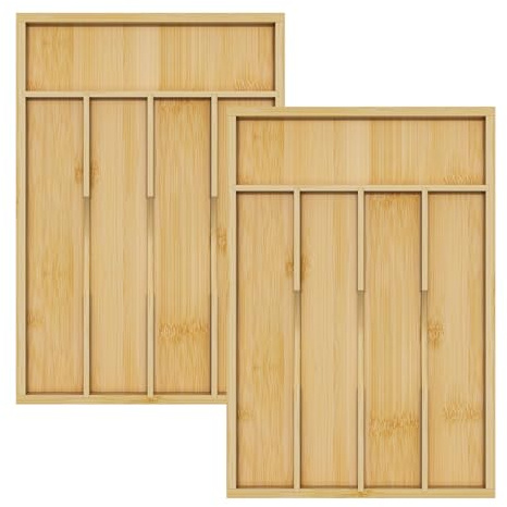 Youpehom Organizador de utensilios de bambú para cajones de cocina, bandeja de utensilios y soporte para cubiertos, separadores de cajones de madera con 5 ranuras, paquete de 2