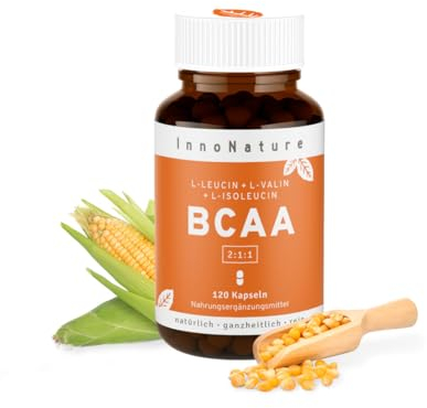 InnoNature BCAA Kapseln I natürliche essentielle Aminosäuren I 120 Kapseln, L-Leucin 345mg, L-Valin 172mg, L-Isoleucin 172mg, Vegan ohne Zusatzstoffe