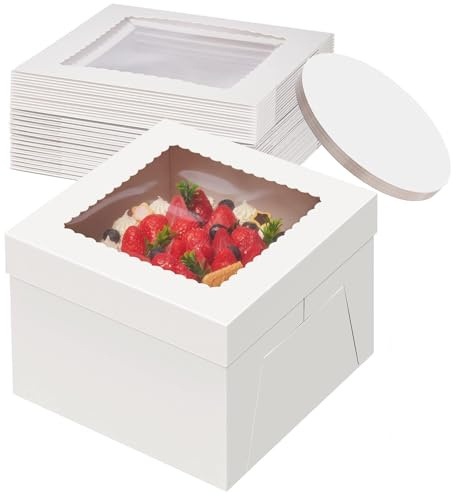 Hengrongshen 10 Pack Cajas para Tartas, 25,4 x 25,4 x 20,3cm Caja de Cartón Blanca Con Ventana y 10 Bandejas Redondas