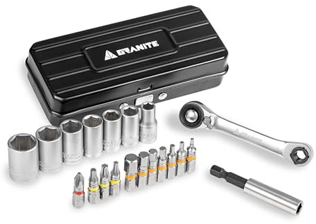 Granite Duet Hex Bit and Socket Dual-Head Ratchet Tool (Black) | S2 alloy steel, reversible drive, extension rod, 6-13mm and 2-8mm sizes, T15/T20/T25 star, PH2 driver