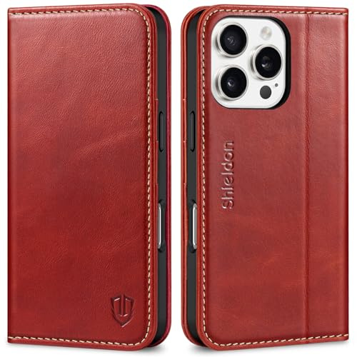 SHIELDON Echtleder Hülle für iPhone 16 Pro 6,3 5G 2024, Retro Rot