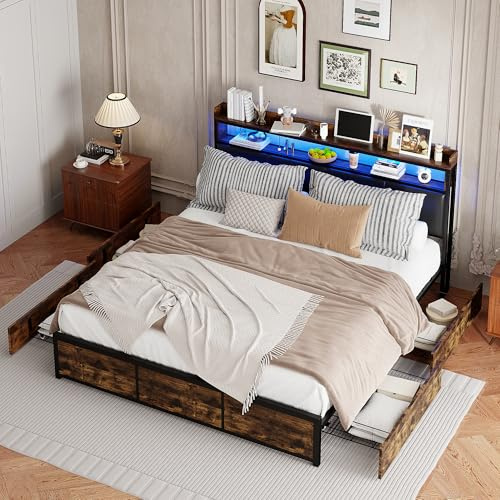 KeepGoon Doppelbett 180 x 200 cm,Schubladenbett mit LED-Licht und PU-Nachtbett mit Eisenrahmen, Kopfteil mit Stauraum,Stauraumbett,Mattschwarze Tigerhautfarbe