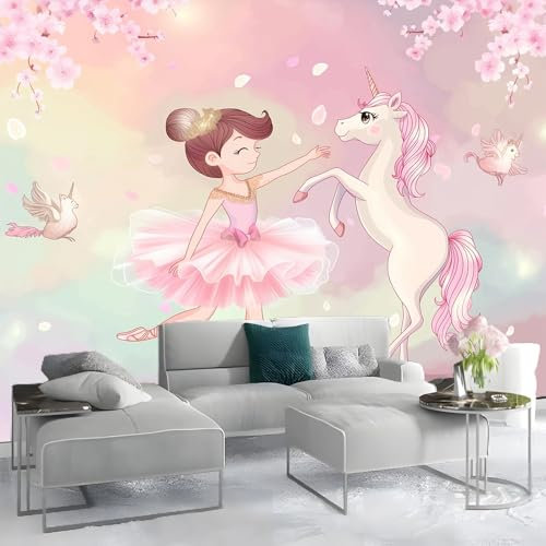 Vliestapete Cartoon Einhorn im Kleid 300 x 210 cm Tapete Rosa Fototapete 3d Effekt - Wanddekoration fur Wohnzimmer - Wandtapete Einfach zu Montieren