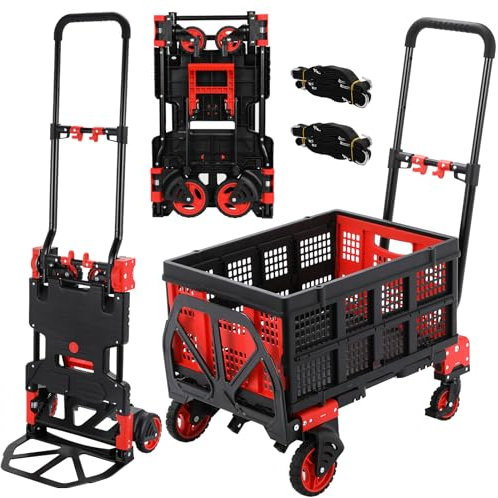 2-in-1 Sackkarre und Plattformwagen mit Klappbox, Transportwagen klappbar max.150 kg, Transportkarre 2 Spanngummis mit Haken, 3-stufig Höhenverstellbar, für Transport, Einkaufen, Camping (Rot)