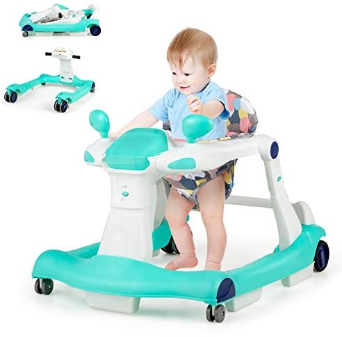 GOPLUS 2 i 1 hopfällbart gåhjälpmedel, höjdjusterbar gåvagn med ljus, musik och justerbar hastighet, baby walker med ljudlösa hjul för barn 6–18 månader (grön)