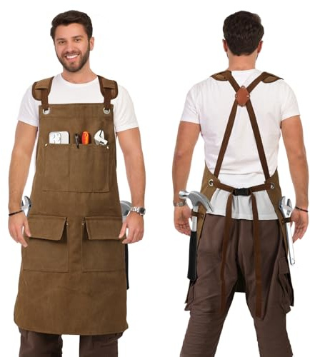 DILLMAN Woodworking Apron for Men Shop Apron Thick Canvas Work Apron with Tool Pockets (Khaki)