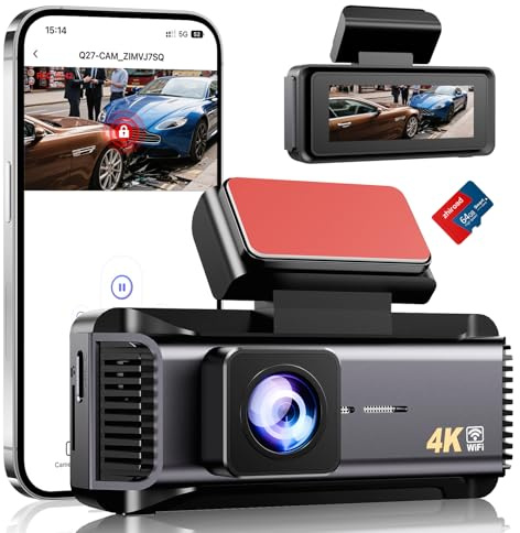 4K Dash Cam Front 2160P Car Dash Camera Built-in WiFi Includes 64GB SD Card 2.99 Inch Screen Dashcam for Cars with APP Control,170° Wide Angle,G-Sensor,Loop Recording,Parking Monitor, Night Vision,WDR