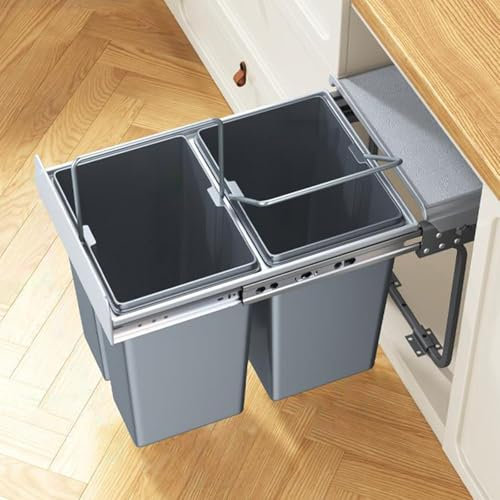 SanzIa Basurero Doble Bajo Fregadero, Cubo de Basura Deslizable Bajo Fregadero con Tapa, Cubo de Basura Deslizable Bajo Encimera Montaje en Puerta y Cajón(34x48x41cm)