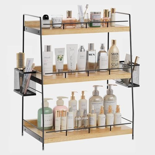 OCPO HOME Organizzatore da Banco per il Bagno con 2 Cestini, Contenitori per Cosmetici a 3 Livelli, Piccolo Scaffale in Legno per Spezie, Organizer per Bagno, Scrivania, Ufficio, Cucina, Casa