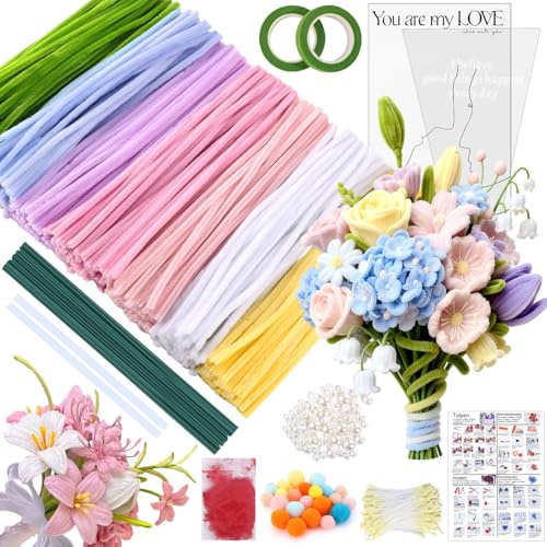 MKLG 385 Stück Pfeifenreiniger Blumen Set, Pfeifenputzer Blumen Zum Basteln mit Grüne Stöcke, Klebebandrollen, Klebestifte, Anleitungen, straußverpackungen, Bänder
