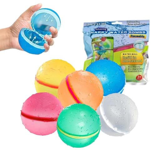 LACHT 6 Stück Wasserbomben Wiederverwendbar mit Mesh Bag,Wiederverwendbare Wasserballoons Schnellfüller,Magnet Selbstschließend,für Wasserschlachten, Pool, Strand & Familienaktivitäten