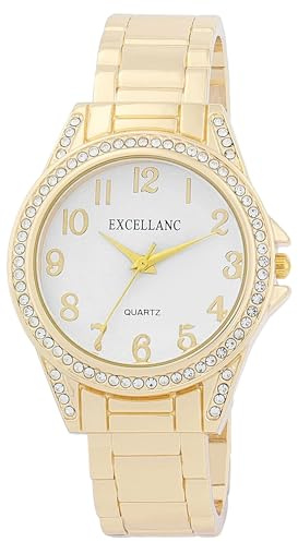 Excellanc Damen-Spangenuhr Metallarmband Armreif lesbare Ziffern Simili Steine Länge 15 cm Quarz-Armbanduhr Geschenkidee für Frauen (Gold/Weiß)