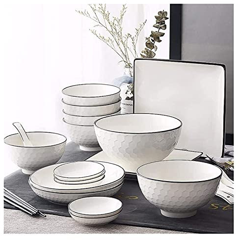 CCKUYT Juego de Platos de Comedor de 56 Piezas, vajilla de Porcelana, Juego Combinado Nordic Black Line, Juegos de Platos de cerámica, Cuencos, Platos y cucharas.