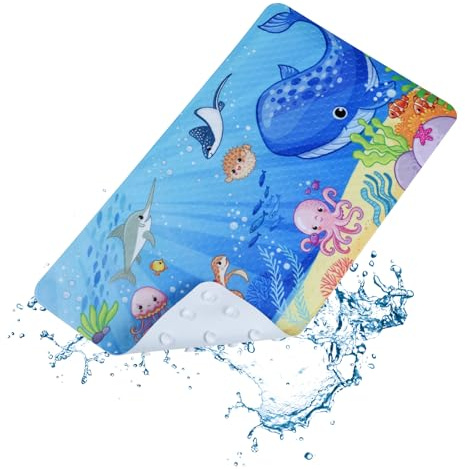 OTraki Alfombra Bañera Antideslizante Infantil, 40x70cm Alfombrilla de Ducha Antideslizante con Ventosas, Alfombrilla Ducha Animales Marinos Animados para Niños, Sin BPA y Lavable a Máquina (Azul