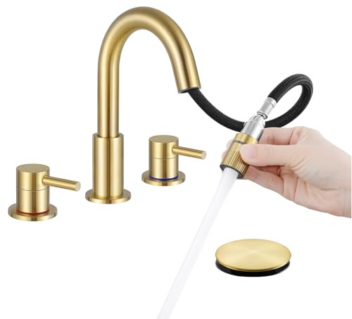 IUERASD Brushed Gold Bathroom Faucet 3 Hole with Pull Out Sprayer, 8 inch Widespread Bathroom Faucets with Pop Up Drain, Bathroom Sink Faucet with 360° Swivel Spout, 2 Handle Vanity Faucet