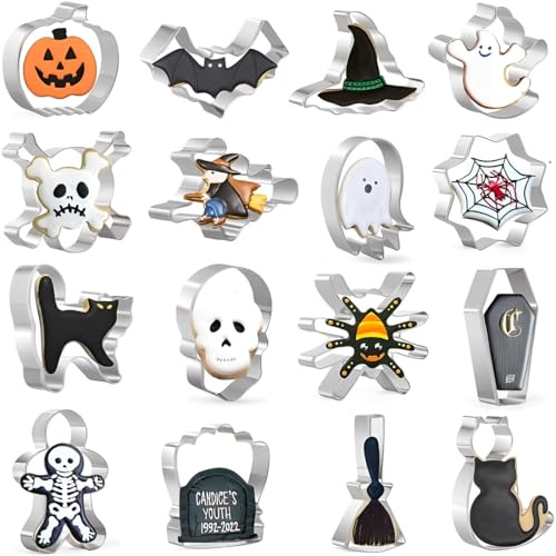 EIH1 16 Stück Halloween Keks Ausstechformen Set, Mini-Ausstecher Set aus Edelstahl – Perfekt für Fondant, Kekse, Sandwiches & mehr – Ideal für DIY-Backen & Geburtstagsfeiern