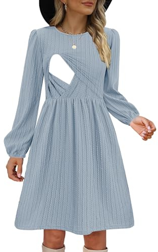 CzzzyL Women Nursing Dresses Women Long Balloon Sleeve Breastfeeding Maternity Fall A Line Sundresses(LightBlue,Large)