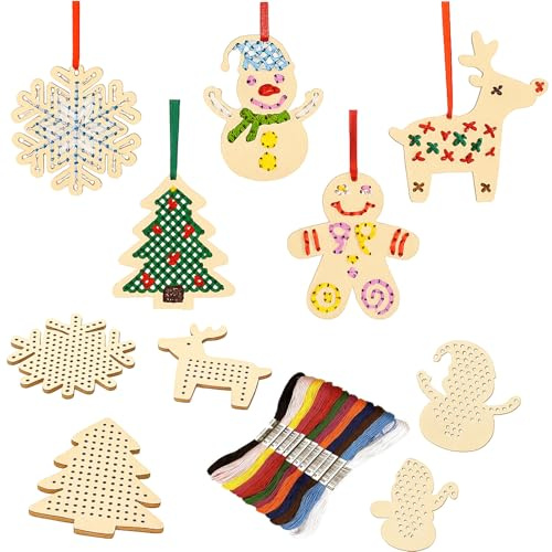 PIujsym Weihnachten Kreuzstich Set für Kinder, 12 Holzanhänger zum Sticken, Inkl. Stickgarn, Nadeln & Bänder, Kreatives Bastelset Weihnachten Kinder, Sticken für kinder, Holznähen Kreuzstich