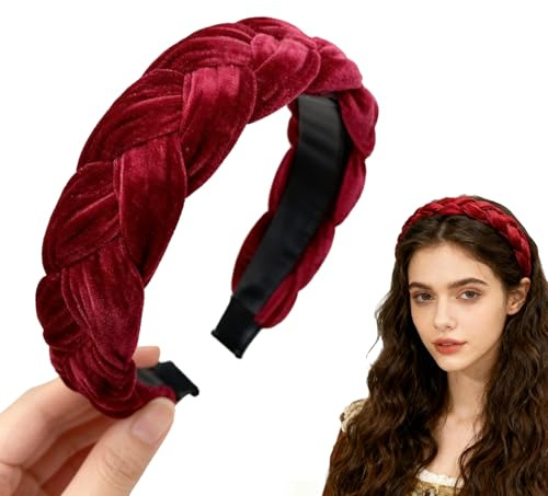 Geflochtene Stirnbänder für Damen, Samt Haarreifen, Trachten Haarreif Geflochten für Dirndl Samt Flechtoptik, Stirnband Haarschmuck Tracht Damen, Vintage Geflochtenes Haarband (Burgunderrot)