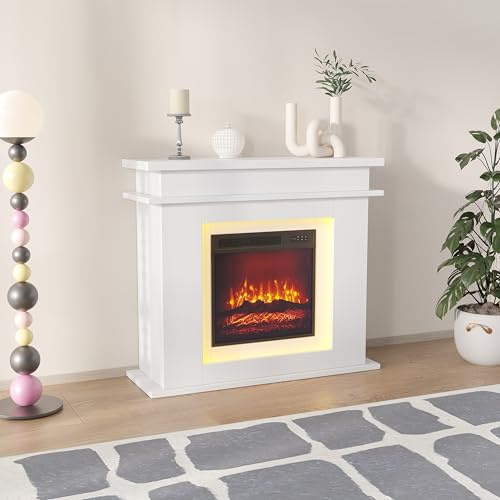 Chimenea Electrica con Mueble,Chimeneas Electricas Decorativas con Efecto de Llama Realista en 3D,Electric Fireplace con Temporizador Chimenea eléctrica LED (Blanco, A)