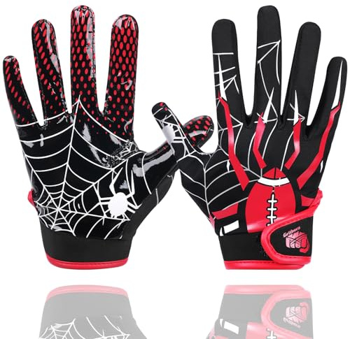 Gritborn Youth Football Gloves Kids Sticky Football Receiver Gloves for Boys Girls,Red Spider M/L