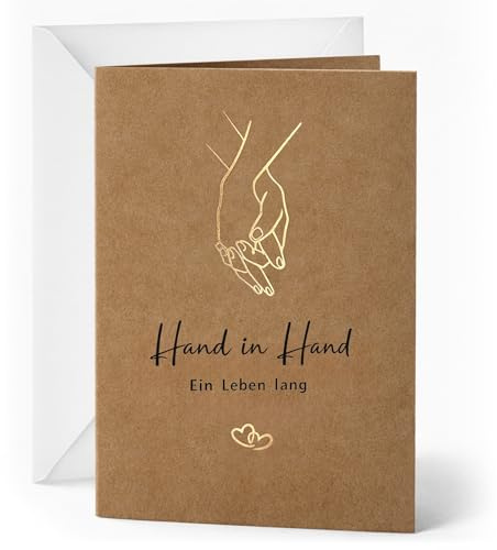 YISCOKO Karte Hochzeit Hochzeitskarte 10.5 * 15cm Glückwunschkarte Hochzeit Hergestellt aus hochwertigem Kraftpapier mit Goldfolienprägung-Hand in Hand-inklusive Umschlag und Goldfolienaufkleber