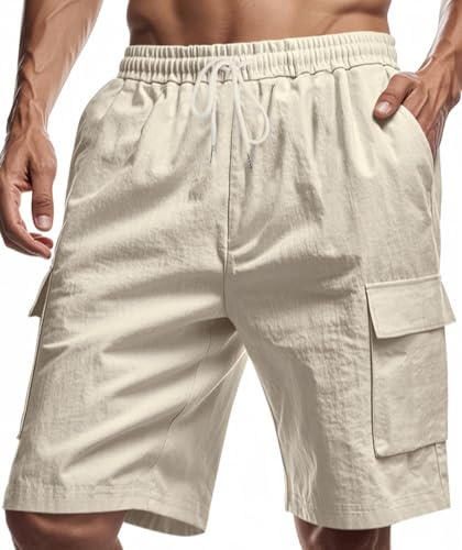 Husmeu Linen Shorts Men Pockets Loose Fit Drawstring Lightweight LKhaki XXL