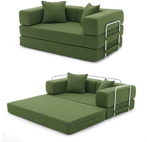 YINIX Faltbares 2 Sitzer Schlafsofa 160cm breit - Modulares Bodensofa klappbar, Boneless Couch aus Cord, Gästebett mit Metallrahmen, Waschbar(Grün, 160, Zentimeter)