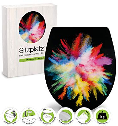SITZPLATZ® WC-Sitz mit Absenkautomatik, Dekor Farbrausch, High Gloss Toilettendeckel, antibakterieller Duroplast, abnehmbar, Top-Fix Befestigung von oben, Standard O Form, Metallscharniere, 40371 9