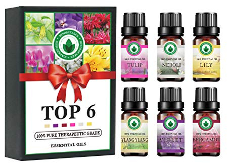 Blumen ätherische Öle Set, Aromatherapieöle Top 6 100% reine Bio-Natura Therapeutic Premium Grade ätherische Öle - Geschenkset 6 / 10ml Flaschen - Violett, Lilie, Neroli, Tulpe, Bergamotte, YlangYlang
