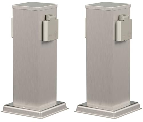 ledscom.de 2X Garten Steckdosensäule Polly für außen, IP44, 2-Fach, Edelstahl, Edelstahl, eckig, 27 cm