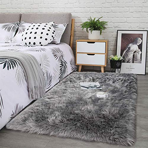 Haoye Wohnzimmer Carpet, Antistatisch Anti Rutsch Flauschiger, Faux Lammfell Schaffell Teppich, 6cm lang, für Wohnzimmer flauschig Bettvorleger - Grau 120x150cm