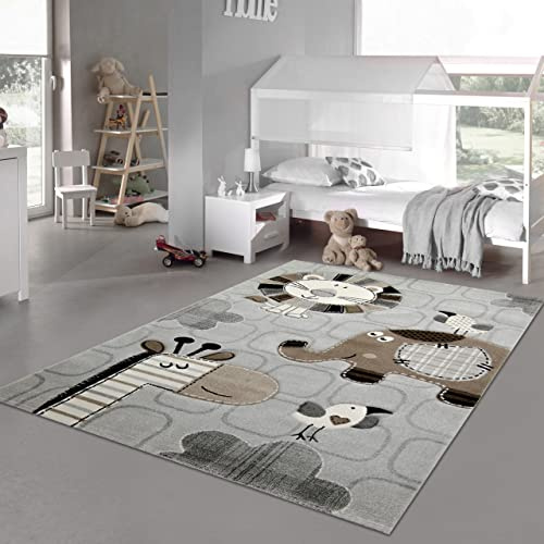Kinderzimmer Teppich Spielteppich Zootiere Löwe Elefant Vögel Giraffe grau braun Creme, Größe 140x200 cm