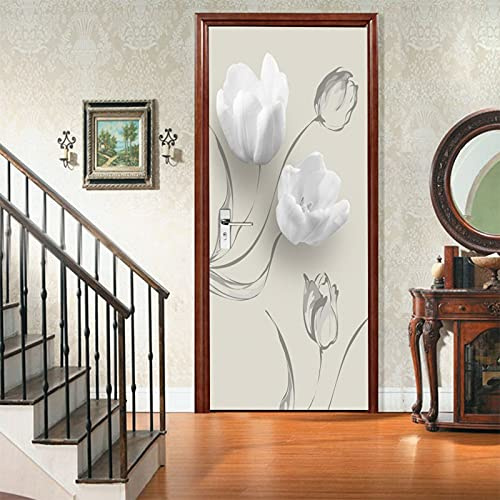A.Monamour Türtapete Selbstklebend Türfolie Türposter 3D Weiße Blumen Hintergrund Moderne Kunst Vinyl Folie Türdeko Tapete Wandbild Türaufkleber Türtattoo 77 x 200 cm