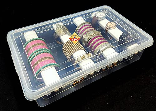 SPC Chudi Aufbewahrungsbox aus Kunststoff, verstellbar, 4 Stangen, Schmuckaufbewahrung, Präsentationsbox für Chudi Armband, Armbanduhr, Haarbänder, Haargummis, Zubehör, transparent, 25 x 38 x 9 cm, 25