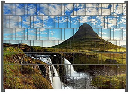 Wallario Zaun Sichtschutz Windschutz für EIN- und Doppelstabmattenzäune in der Größe Breite 2,00m x Höhe 1,40m, Motiv: Island Panorama Fluss Berge und Blauer Himmel