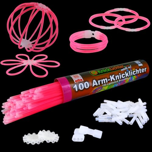 NEON FUN 100 Arm Knicklichter | PINK | Geprüfte Qualität | Testurteil 1,4 sehr gut | 8h | 100 hoch elastische Verbinder | 2 Dreifach Connectoren | 2 Kreisverbinder, Menge:1 Rolle