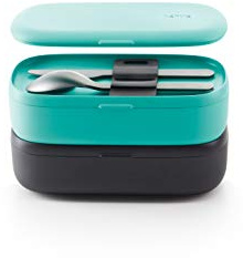 Lékué Juego de cubiertos para llevar, Acero Inoxidable + LunchBox To Go - Recipiente hermético para transportar y conservar alimentos, Polipropileno, Turquesa, 19.2 x 10 x 11cm