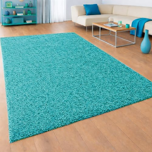 Teppich-Traum Moderner Shaggy Teppich Hochflor Uni Türkis 140x200 cm | Flauschig und weich, pflegeleicht, strapazierfähig, formstabil, saugrobotergeeignet, OEKO-TEX geprüft, Wohn- & Jugendzimmer