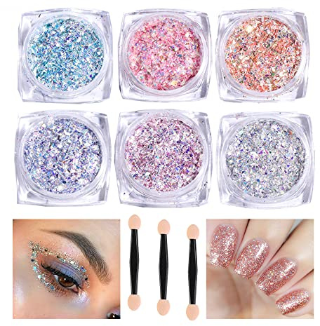 6 Dosen Nagelglitzerpulver mit Schwammbürste, exquisiter Glitzer für Nagelkunst, Körper, Gesicht, Festivaldekoration